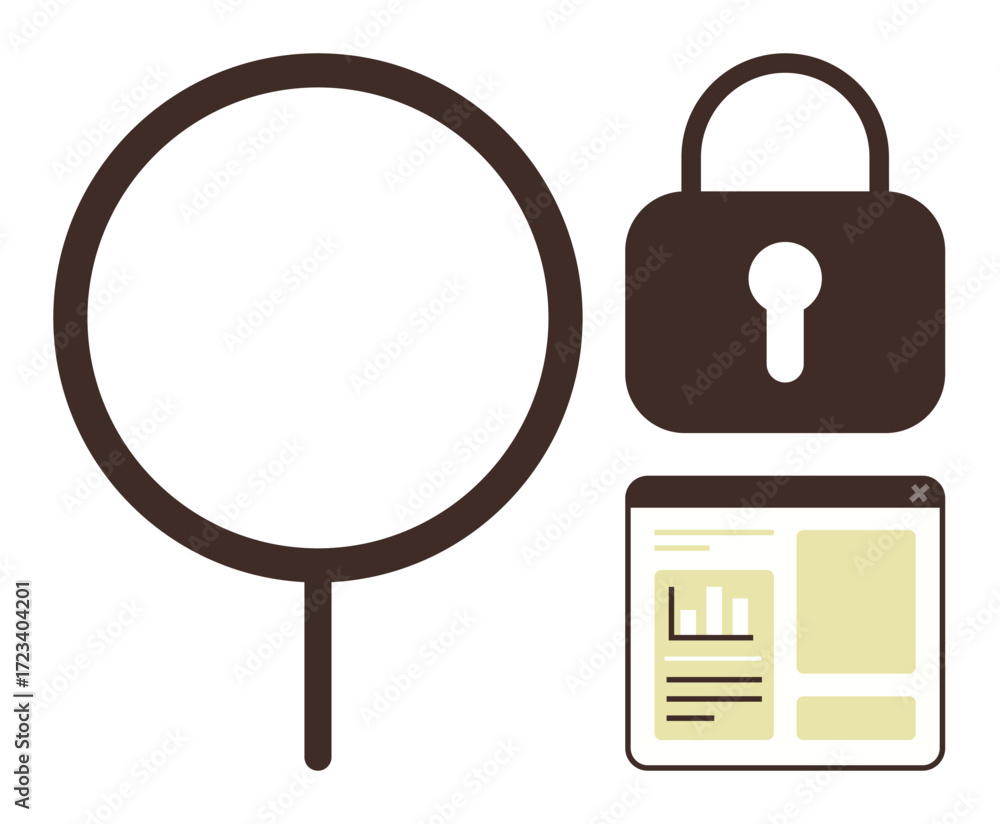 Poster magnifying glass, padlock, and browser window with graphs and text elements. ideal for data protecti