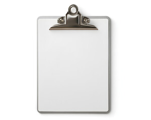 Clean blank clipboard with smooth surface and metal clip, isolated on white background.
