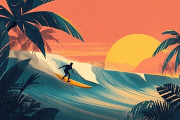 Lifestyle illustration Active lifestyle surfer catching waves during sunset vibrant tropical beach scene dynamic motion blur effect