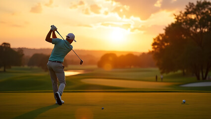 Golfer preparing shot at evening course with lifestyle focus