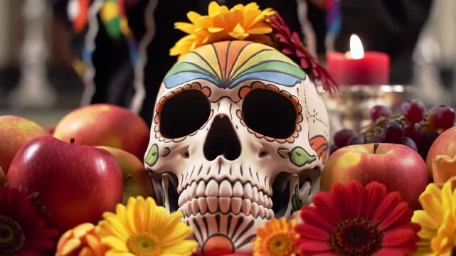 Day of the Dead - Vibrant Skull with Flowers, Fruits, and Candle Celebration.