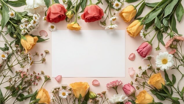 Vibrant spring flowers frame blank space for your custom message, invitations, or announcements