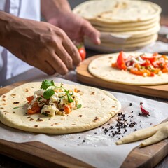 Chef preparing flatbread with toppings