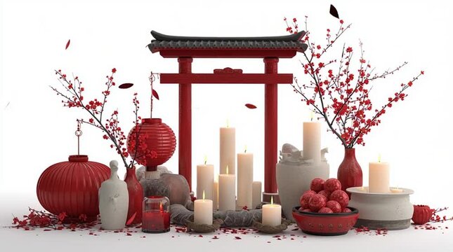 Winter solstice altar featuring candles, tangyuan, red lanterns, and plum blossoms set against a white background