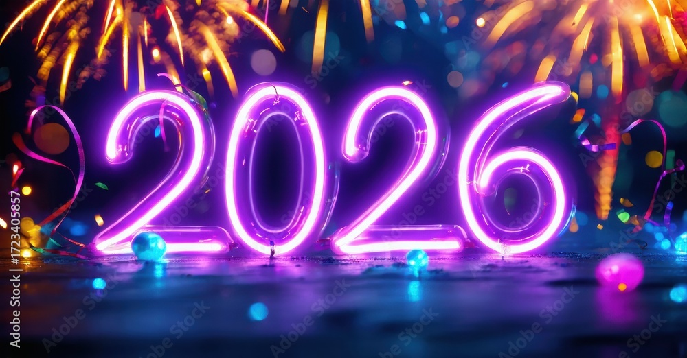 Poster bright neon numbers display year 2026. fireworks illuminate background, creating festive atmosphere.