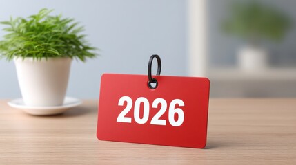 work goal 2026 A red tag with the year 2026 sits on a wooden table beside a small potted plant.