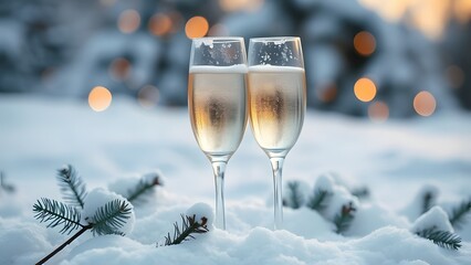 Winter Cheers: Two champagne glasses sparkle amid a winter wonderland of snow-covered foliage and soft bokeh lights, a perfect toast to celebrate the season and its enchanting atmosphere.