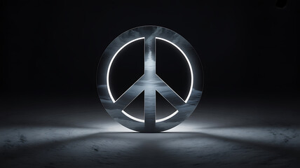 Illuminated peace symbol in dark environment with glowing outline and reflective surface