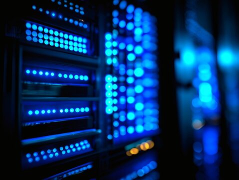 cables. Close-up view of illuminated server components in a data center with cool blue lighting. product launch decks, UI/UX mockups, designed for data visualization dashboards and holographic UIs.