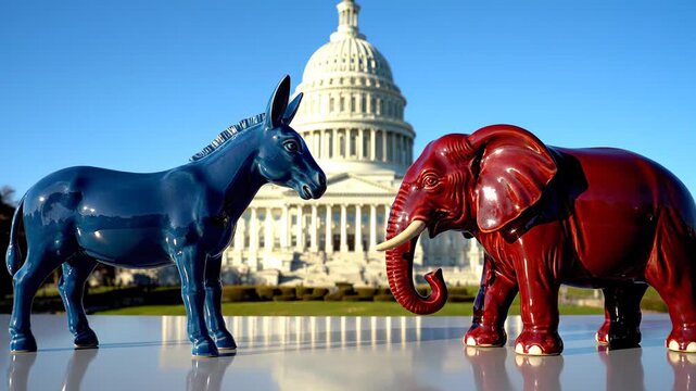 Confrontation between the mascots of the Democratic and Republican parties. A blue donkey and a red elephant are positioned in front of the US Capitol Building in Washington DC