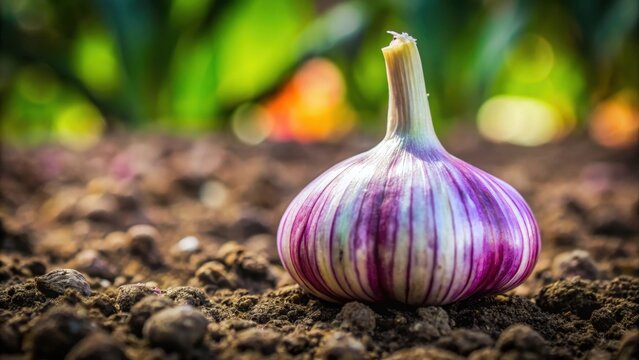 Single garlic bulb with a vibrant purple stripe protruding from the earth