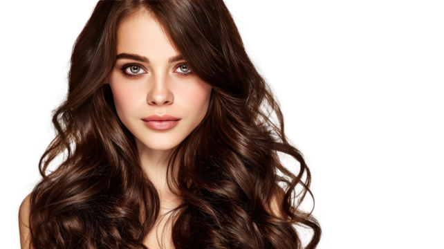 Beautiful young woman portrait with long wavy brown hair and natural makeup isolated on white background