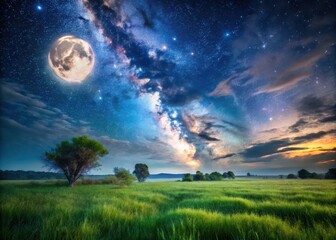 Fototapeta premium A serene grassland landscape under a stunning night sky with the full moon and Milky Way visible above