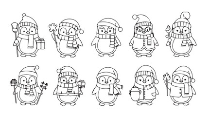 Collection of ten adorable hand-drawn penguin characters with winter accessories for christmas and new year designs silhouette