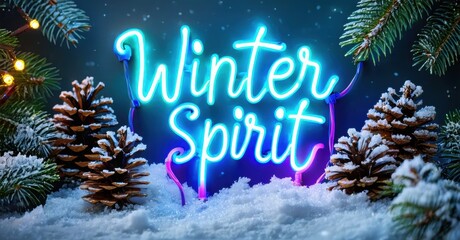 Bright neon sign displays Winter Spirit. Snow covers pinecones, branches. Festive, cool blue tones dominate scene. Holiday vibes present.