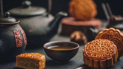 Traditional Chinese mooncake pastry with assorted filling served with herbal tea on wooden table festive dessert symbolizing Mid Autumn festival celebration in East Asian culture and holiday tradition