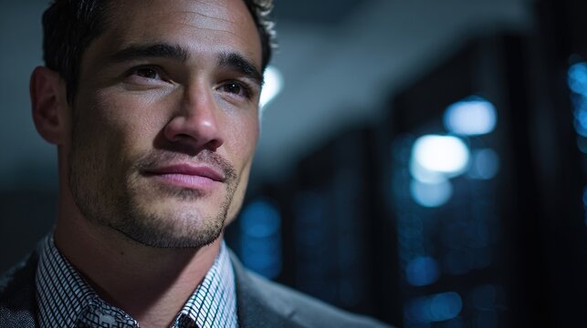 programmer. A focused programmer with lines of code projected in the background, illuminated by cool blue light. product launch decks.