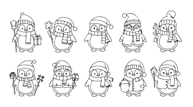Collection of ten adorable hand-drawn penguin characters with winter accessories for christmas and new year designs silhouette