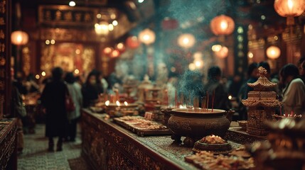 A vibrant and bustling scene in a serene Chinese temple during celebrations