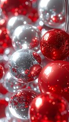 Close-up of glossy red and silver Christmas ornaments