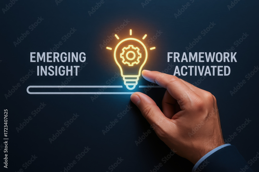 Poster innovative strategy sparks emerging insight with framework activated concept symbolized by glowing l