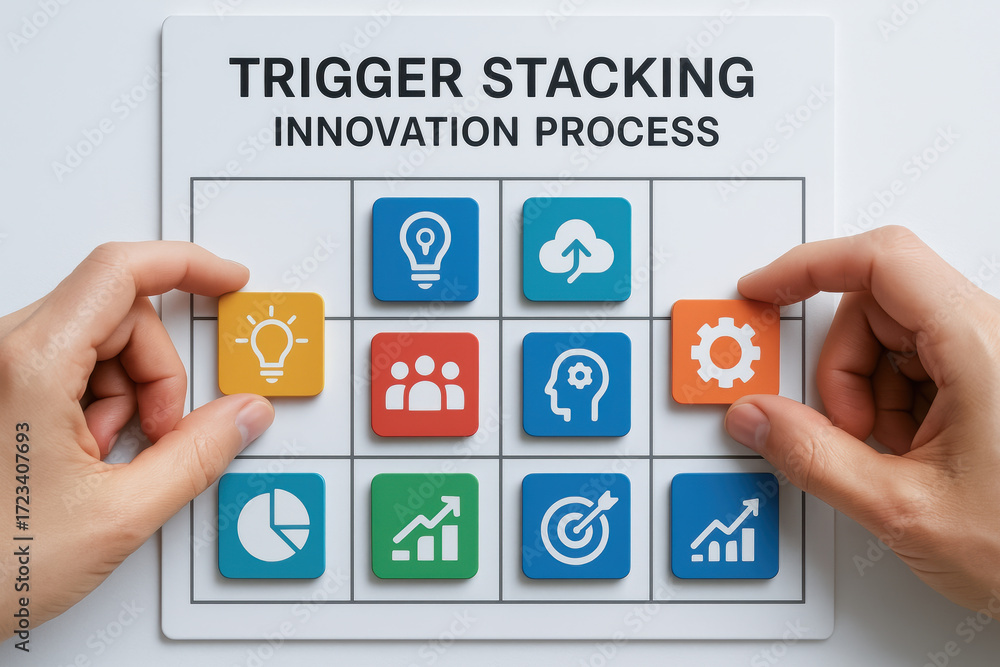 Poster trigger stacking innovation process concept with hands placing icons representing strategy framework
