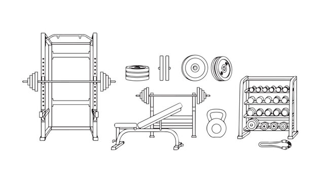 Detailed architectural blueprint of gym equipment includes weight rack bench and dumbbells silhouette