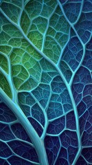 Detailed close-up view of a leaf's intricate veins, showcasing a vibrant gradient of teal, green, and blue hues.