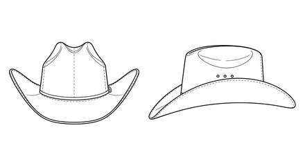 Two line drawings of cowboy hats, one facing forward and one in profile, on a white background.
