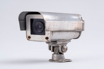 Weathered silvercolored security camera with a protective hood mounted on a swiveling base set against a plain white backdrop