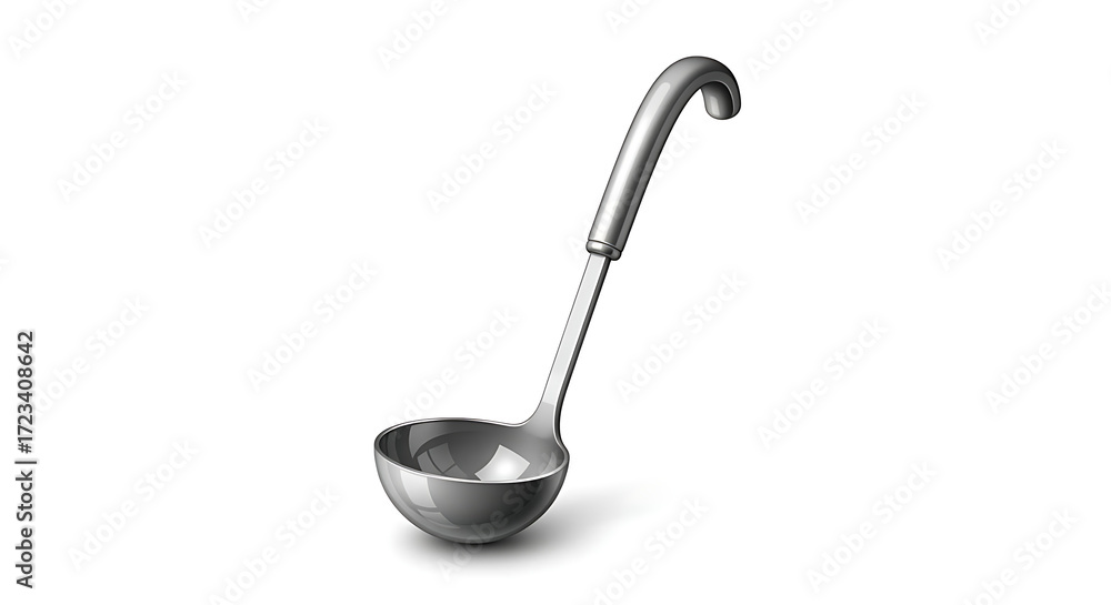 Poster isolated image of a metal ladle with a curved handle on a plain white background in studio lighting 