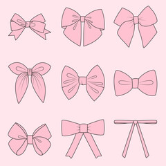 Set of pink bows in different styles. Decorative ribbon collection for fashion, gift wrapping, design, craft, celebration, and festive decoration isolated on pastel background.