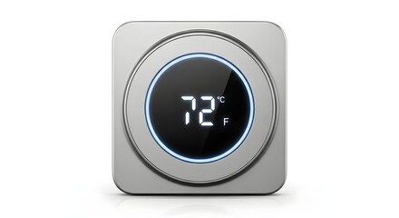 Modern digital thermostat displaying a temperature reading of 72 degrees.