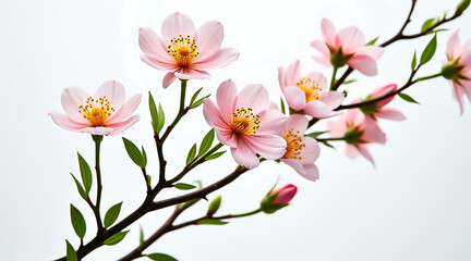 Obraz premium Delicate branch of soft pink flowers with green leaves against bright white background creating peaceful and fresh spring atmosphere