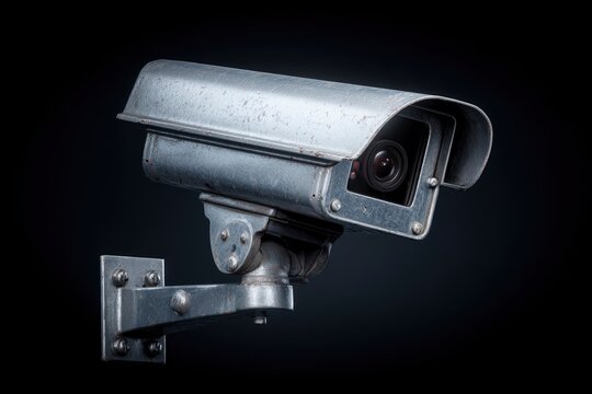 An old metallic security camera mounted on a wall with visible wear and tear against a dark background