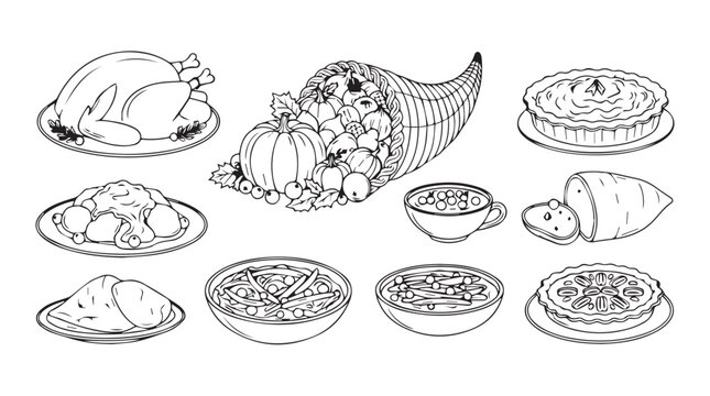 Abundant thanksgiving harvest feast cornucopia plates full of delicious seasonal foods and turkey silhouette