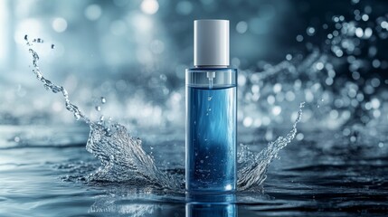 Display of cosmetics with splashing water droplets background