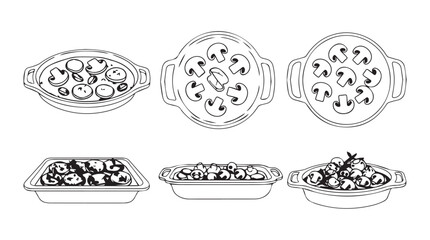 Gourmet baked escargots set in dishes from above and side views silhouette