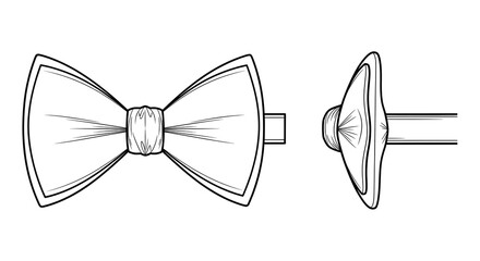 Technical drawing of a modern bow tie design, showcasing front and clasp views.