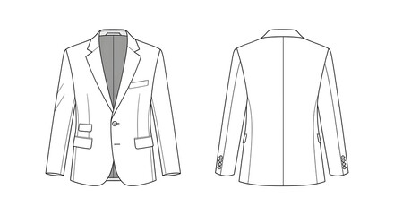 Illustration of a blazer, showcasing both the front and back views, depicted as a technical flat drawing.