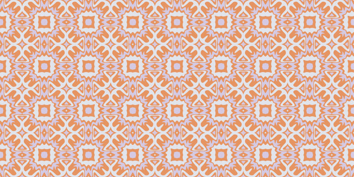 A delicate geometric pattern featuring repeating floral motifs in soft peach and muted lavender hues.