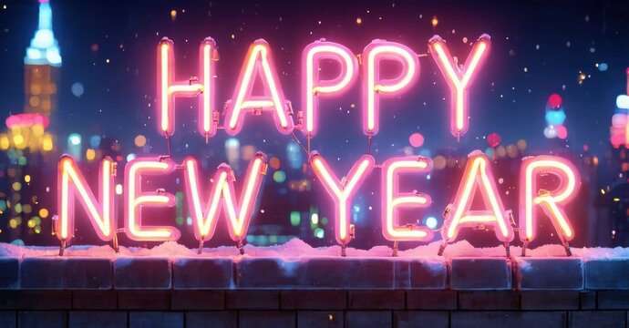 Bright neon sign displays Happy New Year. Cityscape background features blurred lights, festive mood. Brick wall supports glowing text.