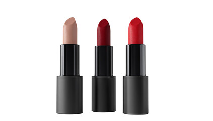 Obraz premium Three lipsticks in black tubes, nude, red, and dark red shades