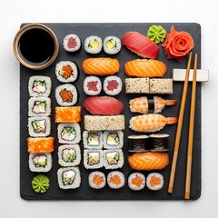 Assorted sushi rolls and nigiri on a black slate board with soy sauce and chopsticks arranged neatly