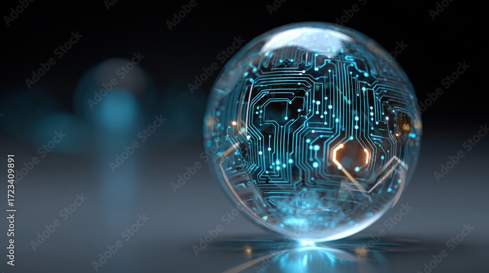 Poster a futuristic glass orb showcasing intricate circuit patterns, symbolizing innovation and advanced te