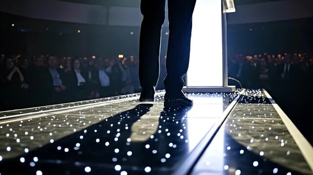 A low-angle view of a speakers legs on a stage with embedded lights standing by a glowing lectern in front of a seated audience
