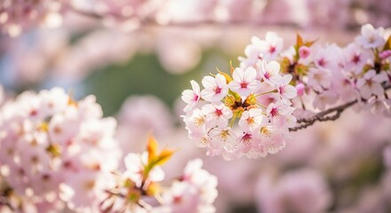 Obraz premium A delicate cluster of pink cherry blossoms in full bloom on a branch, bathed in soft spring sunlight.