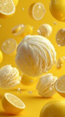 Scoop of lemon ice cream suspended in air surrounded by fresh lemon slices, set against a bright yellow background, evoking a cheerful summer vibe