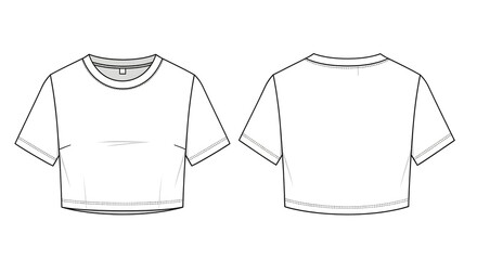 Naklejka premium Front and back technical drawing of a women's white cropped short-sleeved t-shirt.