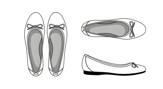 Technical illustrations of a pair of ballet flats, showing multiple views for design purposes.